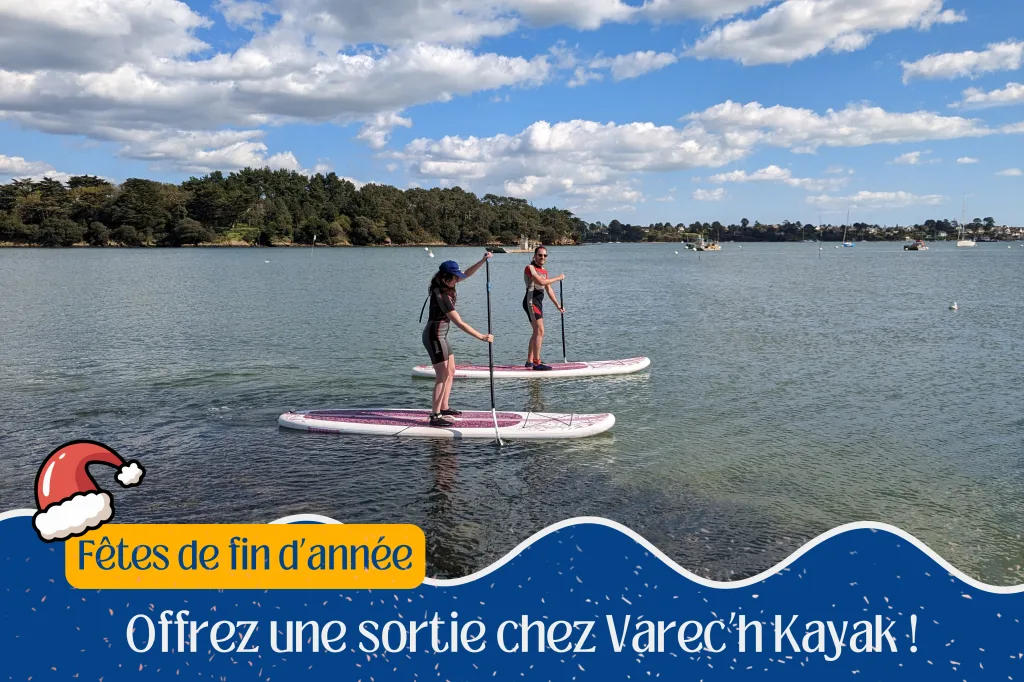 Photo de deux pratiquants en stand-up paddle dans le Golfe du Morbihan.